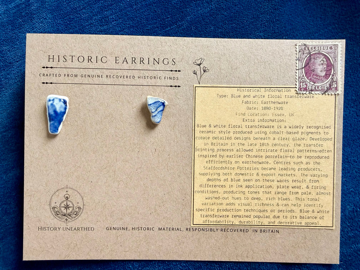 Mudlarked Blue Transferware Stud Earrings